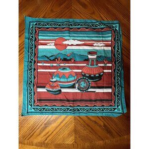 VTG Native Southwestern Native Pottery Bandana Handkerchief Turquoise 20767